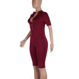 Solid Short Sleeve Zipper Tight Romper NY-8916