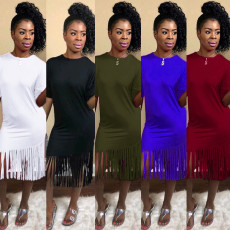 Plus Size Solid Tassel O Neck Short Sleeve Midi Dress NY-8837