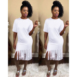 Plus Size Solid Tassel O Neck Short Sleeve Midi Dress NY-8837