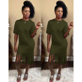 Plus Size Solid Tassel O Neck Short Sleeve Midi Dress NY-8837
