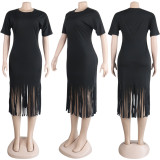 Plus Size Solid Tassel O Neck Short Sleeve Midi Dress NY-8837