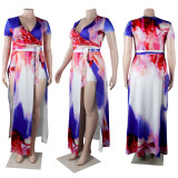 Plus Size Sexy Printed Short Sleeve Split Maxi Skirt Sets NY-2116
