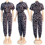 Leopard Print Short Sleeve Sashes Jumpsuit NY-8893