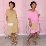 Solid V Neck Short Sleeve Casual Dress NY-8896