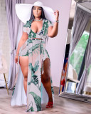 Plus Size Sexy Printed Short Sleeve Split Maxi Skirt Sets NY-2116