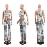 Geometric Print One Shoulder Wide Leg Pants 2 Piece Sets NY-6002