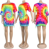 Tie Dye Print Short Sleeve Lace-Up Mini Dress NY-8889