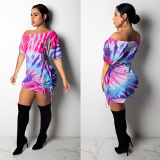 Tie Dye Print Short Sleeve Lace-Up Mini Dress NY-8889