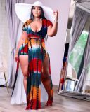 Plus Size Sexy Printed Short Sleeve Split Maxi Skirt Sets NY-2116