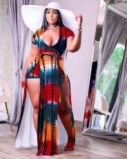 Plus Size Sexy Printed Short Sleeve Split Maxi Skirt Sets NY-2116