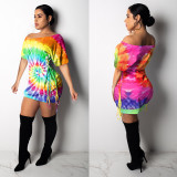 Tie Dye Print Short Sleeve Lace-Up Mini Dress NY-8889