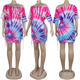 Tie Dye Print Short Sleeve Lace-Up Mini Dress NY-8889