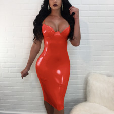 PU Leather Spaghetti Strap Club Midi Dress NY-8418