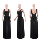 Solid Bodysuit+Mesh Long Skirt Beach 2 Piece Sets NY-8596