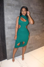 Solid Sexy Hollow Out Sleeveless Bodycon Club Dress NY-2086