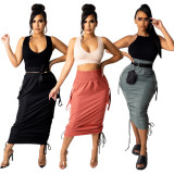 Solid High Waist Drawstring Midi Skirt HNIF-075