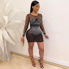 Sexy Mesh Hot Drilling Long Sleeve Night Club Dress LSD-82001