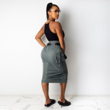 Solid High Waist Drawstring Midi Skirt HNIF-075