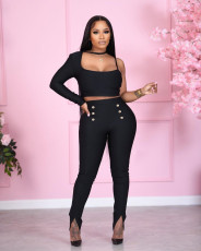 Black Classic Double Breasted Split Pants LSD-8802