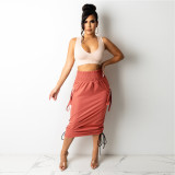 Solid High Waist Drawstring Midi Skirt HNIF-075