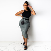Solid High Waist Drawstring Midi Skirt HNIF-075