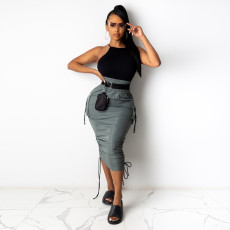 Solid High Waist Drawstring Midi Skirt HNIF-075