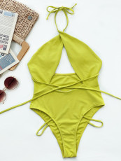 Sexy Solid Color Halter One-Piece Swimsuit CSYZ-B618