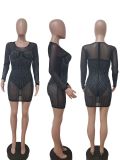 Sexy Mesh Hot Drilling Long Sleeve Night Club Dress LSD-82001