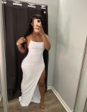 Solid Sexy Backless Cross Strap High Split Maxi Dress NY-2003