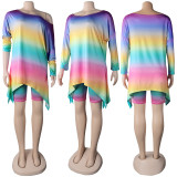 Plus Size Tie Dye Long Sleeve Top+Shorts 2 Piece Sets NY-2017