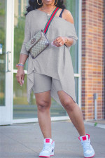 Plus Size Solid Long Sleeve Top+Shorts 2 Piece Sets NY-2012