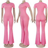 Solid Short Sleeve O Neck Flared Jumpsuit NY-2014