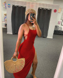 Solid Sexy Backless Cross Strap High Split Maxi Dress NY-2003