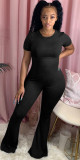 Solid Short Sleeve O Neck Flared Jumpsuit NY-2014