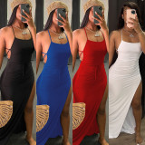 Solid Sexy Backless Cross Strap High Split Maxi Dress NY-2003