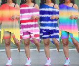 Plus Size Tie Dye Long Sleeve Top+Shorts 2 Piece Sets NY-2017