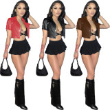 PU Leather Short Sleeve Crop Top ZDF-31189
