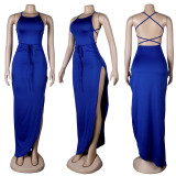 Solid Sexy Backless Cross Strap High Split Maxi Dress NY-2003
