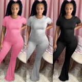 Solid Short Sleeve O Neck Flared Jumpsuit NY-2014