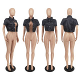 PU Leather Short Sleeve Crop Top ZDF-31189