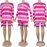 Plus Size Tie Dye Long Sleeve Top+Shorts 2 Piece Sets NY-2017