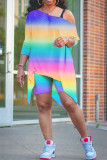 Plus Size Tie Dye Long Sleeve Top+Shorts 2 Piece Sets NY-2017