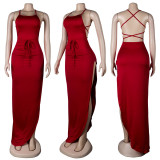 Solid Sexy Backless Cross Strap High Split Maxi Dress NY-2003