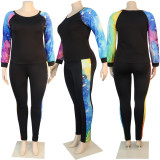 Plus Size Patchwork Long Sleeve 2 Piece Pants Set NY-2016