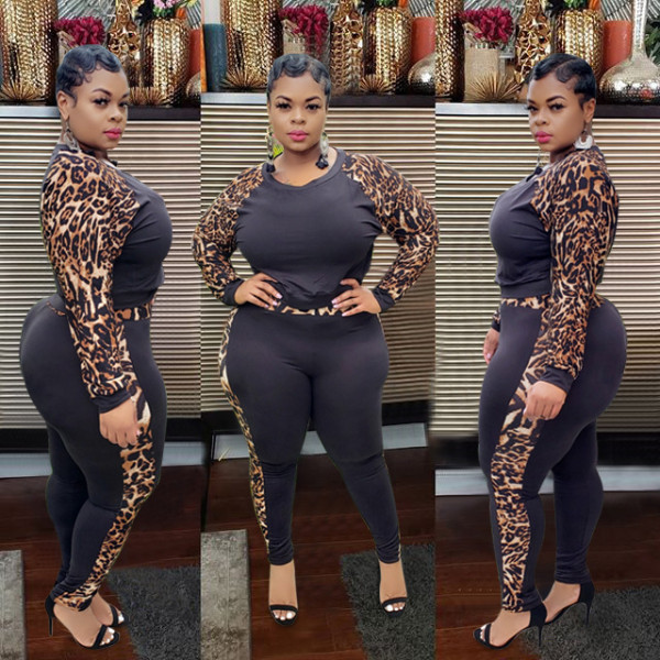 Plus Size Patchwork Long Sleeve 2 Piece Pants Set NY-2016