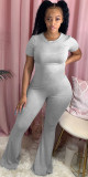 Solid Short Sleeve O Neck Flared Jumpsuit NY-2014