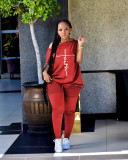 Plus Size Letter Short Sleeve Slash Neck 2 Piece Sets TK-6220