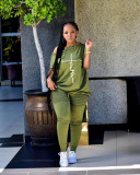 Plus Size Letter Short Sleeve Slash Neck 2 Piece Sets TK-6220