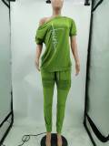 Plus Size Letter Short Sleeve Slash Neck 2 Piece Sets TK-6220