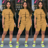 Letter Print T Shirt And Shorts Two Piece Sets TE-2031